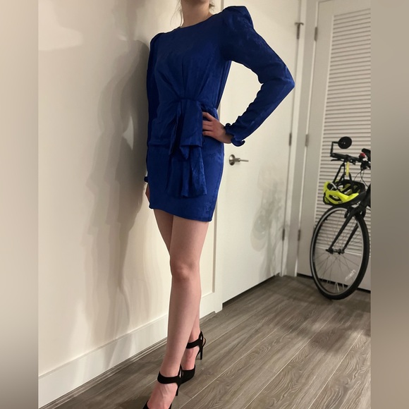 Saloni Blue Satiny Floral Pattern Mini Cocktail Dress - Picture 4 of 6